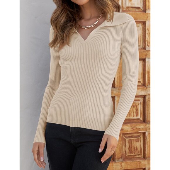 Women's Ribbed Knit Pullover Sweater V-Neck Fall Casual Slim Fit - Picture 3 of 8